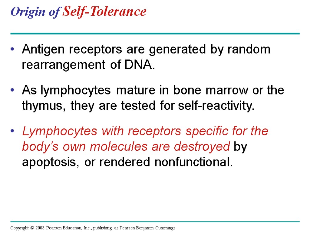 Origin of Self-Tolerance Antigen receptors are generated by random rearrangement of DNA. As lymphocytes